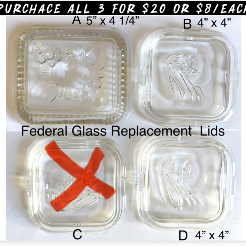 Federal Glass Clear Replacement Lids - Square Set (Sizes 4" & 5")